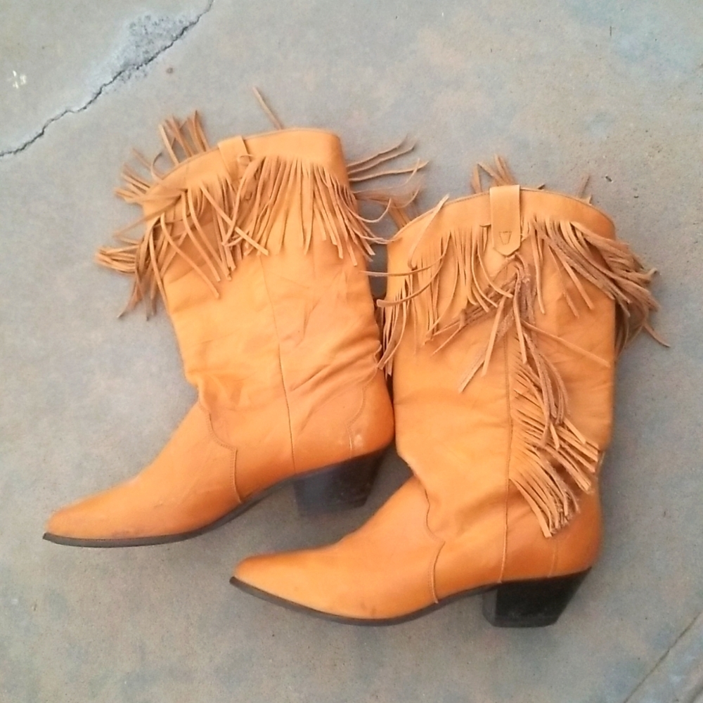 Dingo Fringe Trim Boots Tan Leather Made in Mexico Sz 10